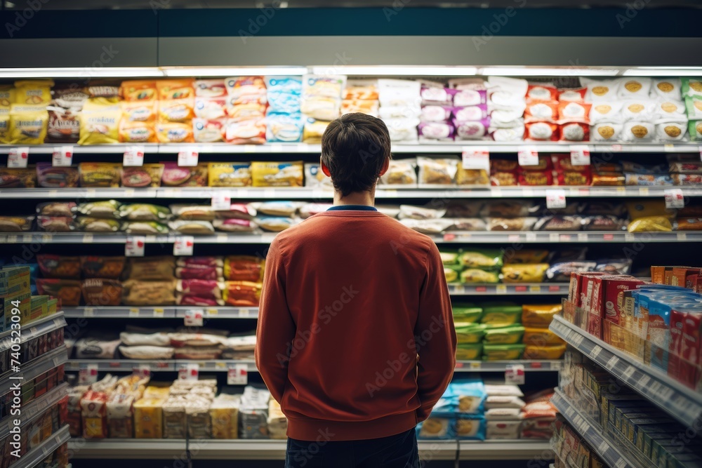 Man exploring the aisles of a health food store, discovering new products that cater to their New Food Restrictions, with excitement and curiosity