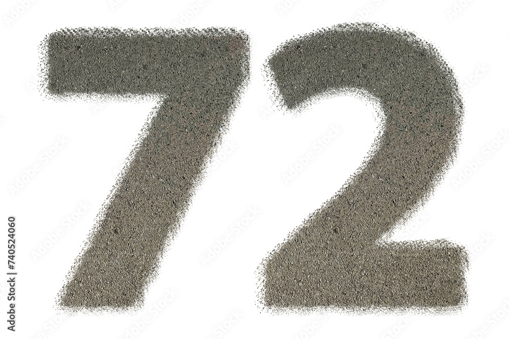 The shape of the number 72 is made of sand isolated on transparent background. Suitable for birthday, anniversary and Memorial Day templates The shape of the number 72 is made of sand isolated on transparent background. Suitable for birthday, anniversary and Memorial Day templates