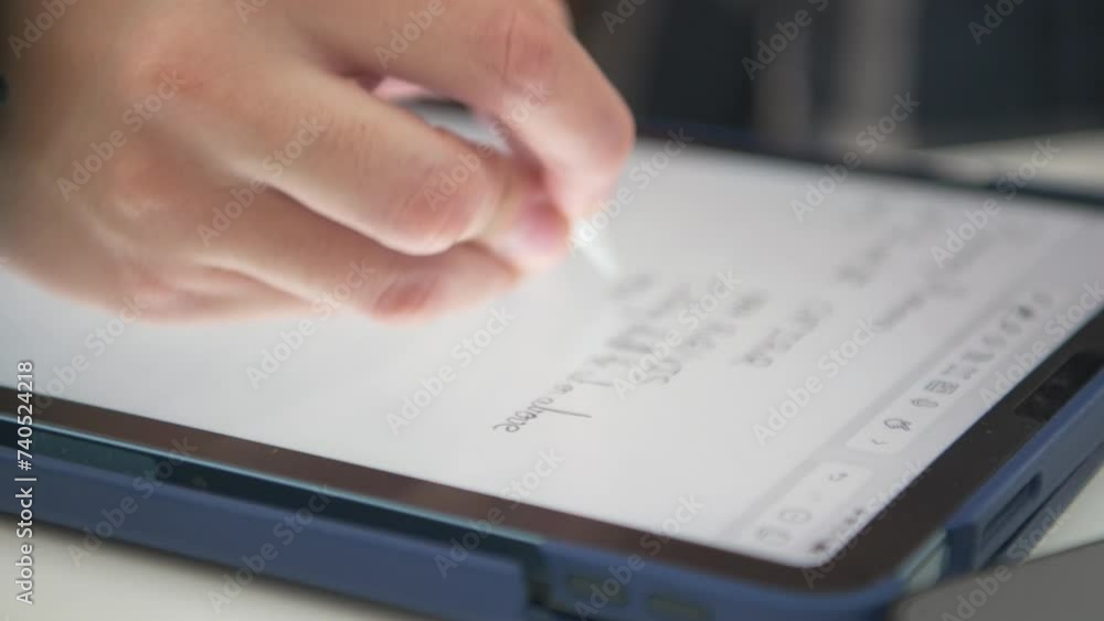 Close up of a hand of a person taking digital notes on a tablet Close up of a hand of a person taking digital notes on a tablet