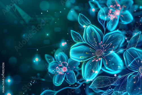 Spring background with beautiful flowers with neon light.