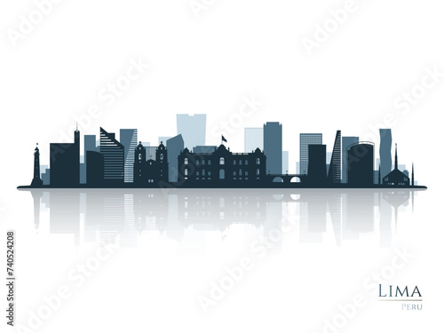 Lima skyline silhouette with reflection. Landscape Lima, Peru. Vector illustration.
