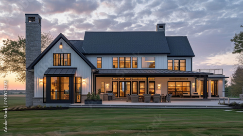 This modern farmhouse exudes elegance and comfort with its chic design and open layout. The large windows allow for an abundance of natural light creating a warm and soothing