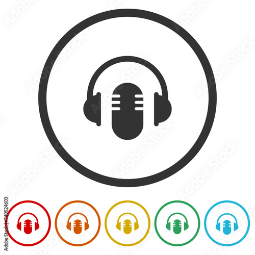 Podcast logo. Set icons in color circle buttons