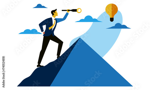 Product discovery, finding a fresh notion or business insight, looking for genius, inventiveness, or a clever solution, coming up with a winning idea businessmen peering through a telescope 