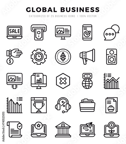 Global Business Icons Pack. Lineal icons set. Lineal icon collection set.