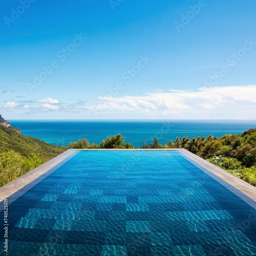 Infinity swimming pool with sea and ocean view on blue sky background