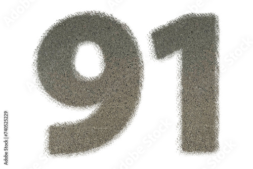 The shape of the number 91 is made of sand isolated on transparent background. Suitable for birthday, anniversary and Memorial Day templates