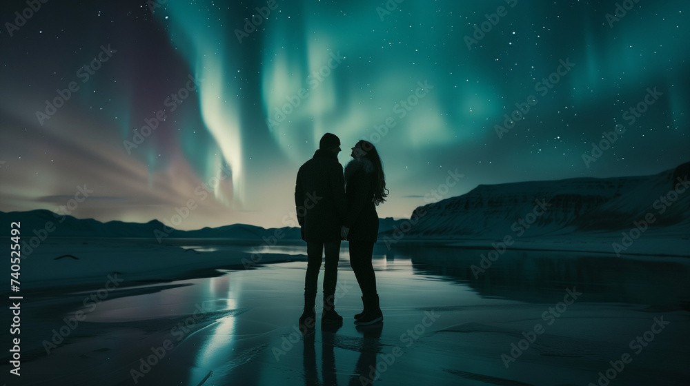 Couple under the aurora borealis lights