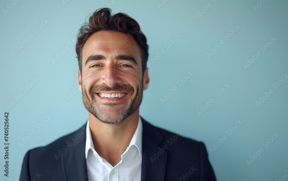 smiling confident businessman wearing suit, solid light blue background smiling confident businessman wearing suit, solid light blue background
