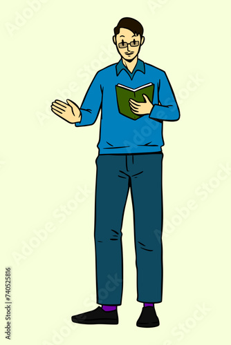 Male Teacher Reading a Book Vector Illustration