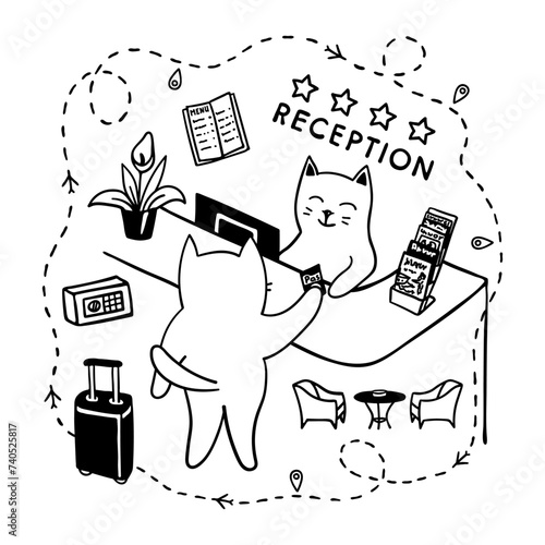 Funny travel concept, cat with suitcase is registered at reception of hotel. Black and white drawing, line doodle sketch. Square vector design for tourist, business trip or vacation illustration.