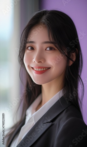 smiling or laughing Korea female office worker with black straight hair