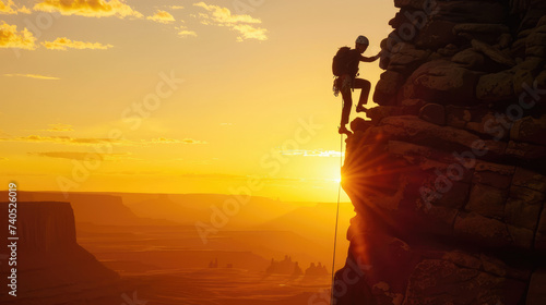An extreme athlete conquers a high cliff in the Valley of the Gods, while the setting sun creates a dramatic silhouette behind him, Ai Generated Images photo
