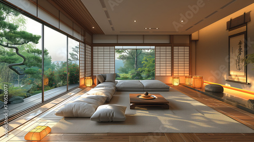 modern living room in Japanese style with garden outside