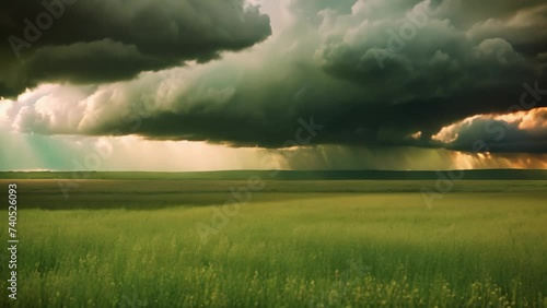 a vast field filled with tall grasses swaying under a cloudy sky The scene captures the natural beauty of an expansive prairie on a stormy day, An expansive prairie under a stormy sky, AI Generated photo