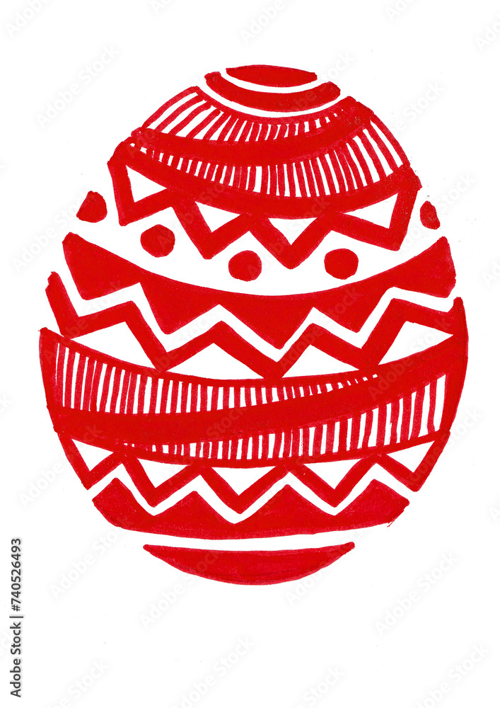 The Easter egg is filled with a red geometric ornament. Isolated on white background. Lines of different thickness. Zigzags, circles, triangles. Doodle. The Easter egg is filled with a red geometric ornament. Isolated on white background. Lines of different thickness. Zigzags, circles, triangles. Doodle.