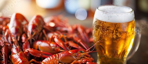 Refreshing glass of beer surrounded by a group of craws in a lively and colorful setting photo