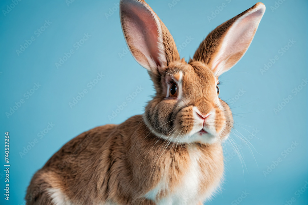 Fototapeta premium Adorable Easter bunny with big ears on light blue background