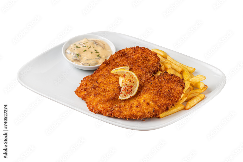 Chicken schnitzel with butter and potato salad on white porcelain plate Chicken schnitzel with butter and potato salad on white porcelain plate