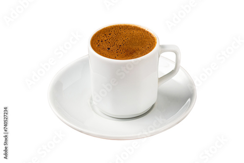Turkish coffee in classic coffee cup on white background
