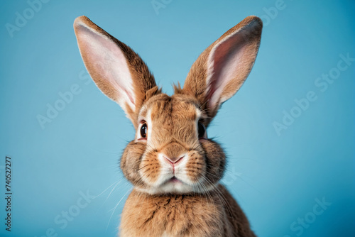 Adorable Easter bunny with big ears on light blue background © Giuseppe Cammino
