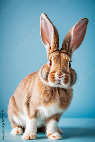 Adorable Easter bunny with big ears on light blue background