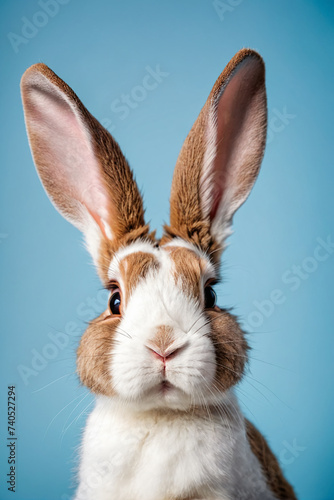 Adorable Easter bunny with big ears on light blue background