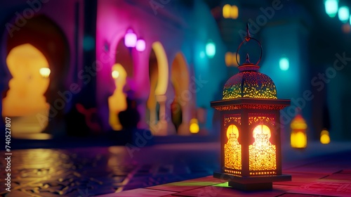 A night in Ramadan. A colorful mosque and a lamp