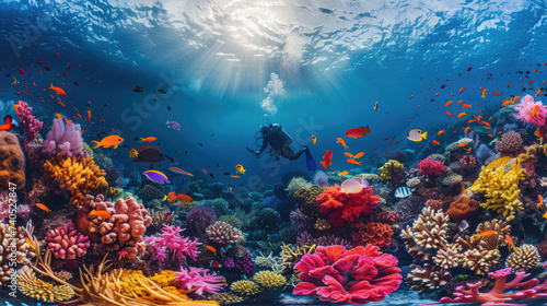 A brave diver explores the seabed in Palau, with colorful coral reefs surrounding it, Ai Generated Images photo