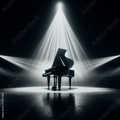 A musical instrument: grand piano, sits on alone on stage ready to play, under a strong single spotlight