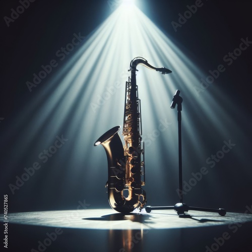 A musical instrument: saxaphone, sits on alone on stage ready to play, under a strong single spotlight photo