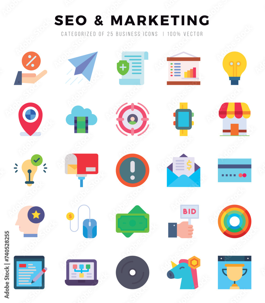 SEO & MARKETING Icons Pack Flat Style. Vector illustration.