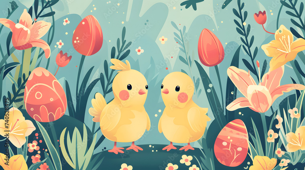 Chicks with Easter Eggs and flowers Chicks with Easter Eggs and flowers