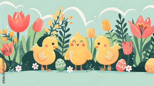 Chicks with Easter Eggs and flowers