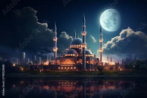 Big mosque in the city at night under the big moon with beautiful sky photo