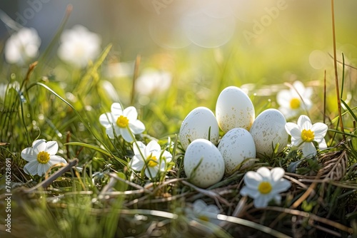 Easter eggs arranged among spring flowers and grass for fresh and bright springtime atmosphere