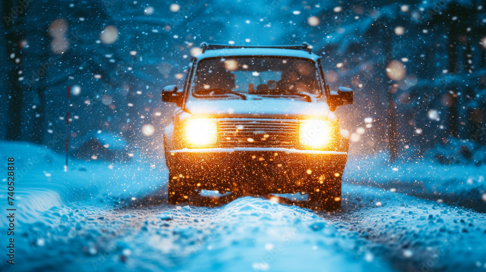 car with bright headlights piercing through heavy snowfall
