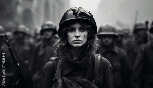 Conmovedora de una mujer, al estilo de la fotografía de guerra