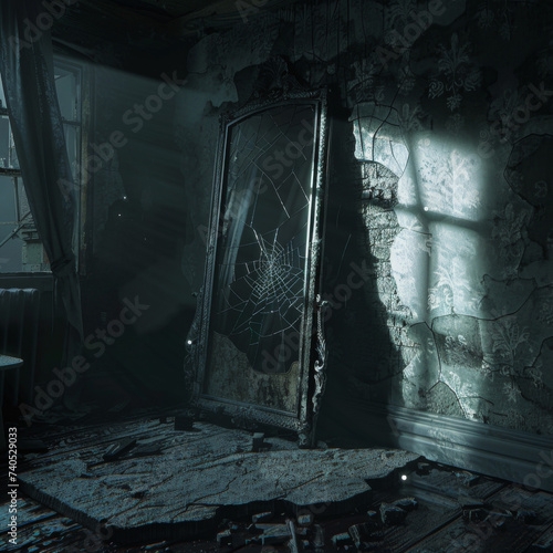 Mysterious shadows creeping around a dark room illuminated by a mirror cracked in silence