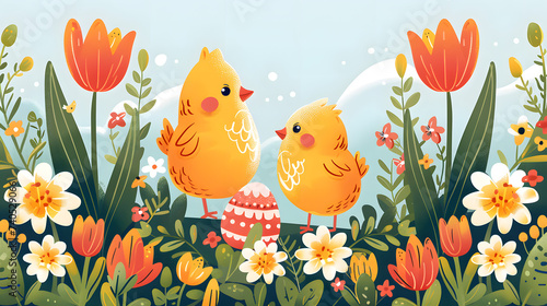 Chicks with Easter Eggs and flowers