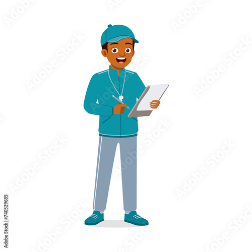 happy young physical education teacher holding note