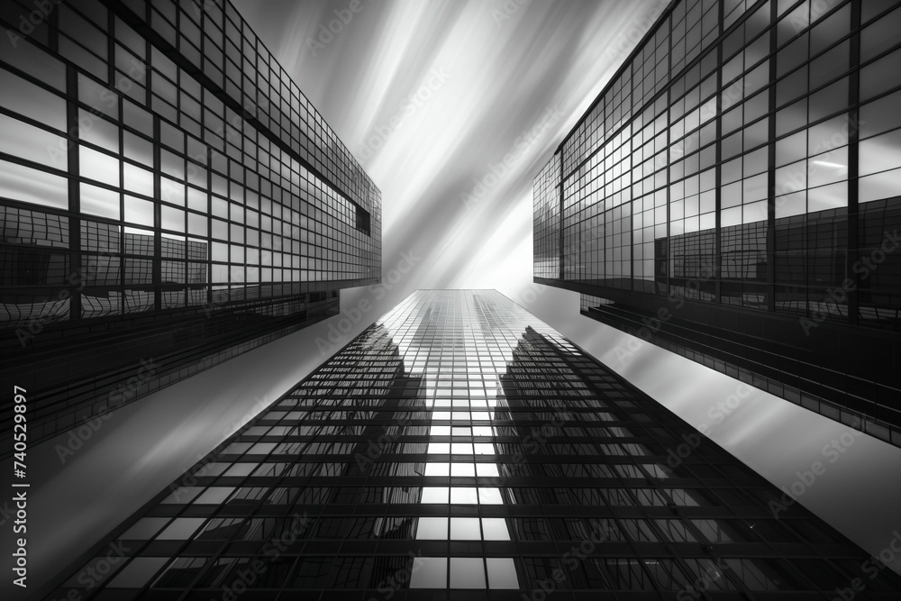 Fototapeta premium Majestic high-rise buildings in a long exposure, black and white shot, emphasizing the elegance and verticality of urban architecture