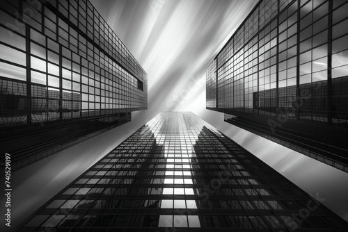 Majestic high-rise buildings in a long exposure, black and white shot, emphasizing the elegance and verticality of urban architecture photo
