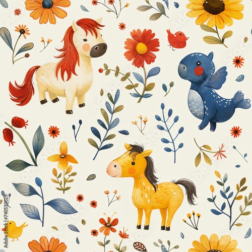 Farm animals in a whimsical style  charming for children   s apparel  seamless pattern with animals