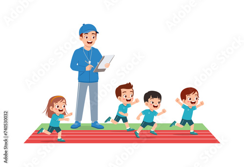 kid run race and teacher stand holding note