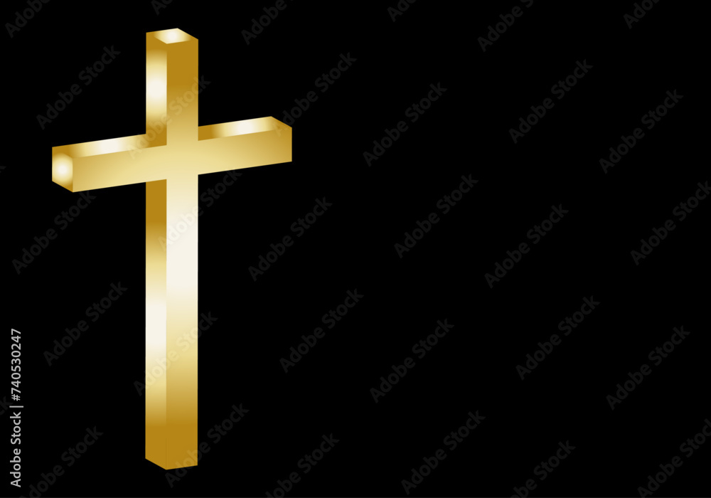 Cruz latina  dorada en 3D sobre fondo negro. Semana Santa