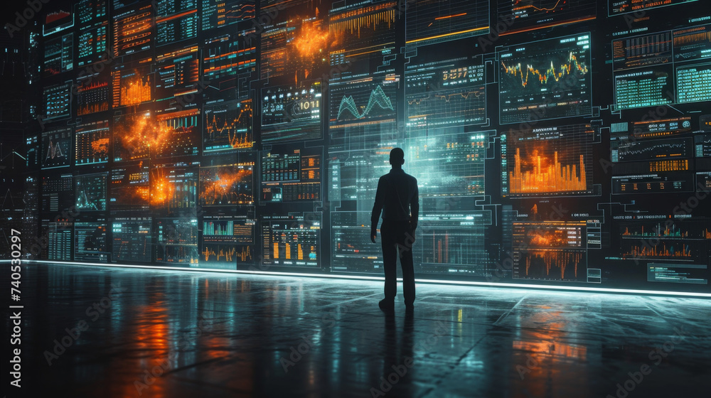 A virtual trading floor filled with holographic projections of charts and graphs. Traders move through the space with ease using hand gestures and voice commands to manipulate A virtual trading floor filled with holographic projections of charts and graphs. Traders move through the space with ease using hand gestures and voice commands to manipulate
