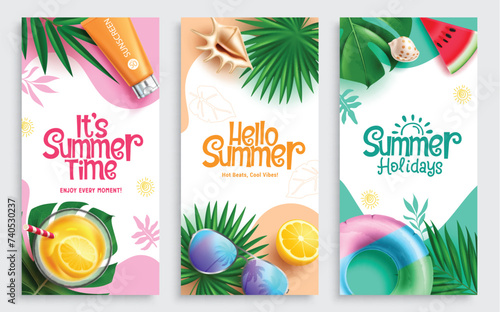 It's summer time text vector poster set. Summer time greeting text with drinks, sunglasses, floaters and sunscreen beach elements for seasonal holiday flyers design collection. Vector illustration