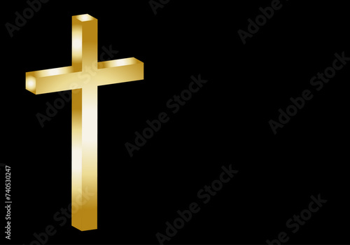 Cruz latina  dorada en 3D sobre fondo negro. Semana Santa