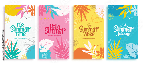 Summer time greeting vector poster set. Summer hello greeting text with colorful leaves tropical elements decoration for seasonal flyers tags collection. Vector illustration summertime holiday  photo